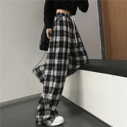 Oversize Women Sweatpants Fashion Black Plaid Casual Pants Baggy Elastic Waist Pockets Student Unisex Hip Hop Loose Trousers