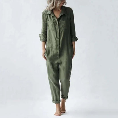 Cotton Linen  Jumpsuits Women Button  Collar Long Sleeve Romper Solid Pockets