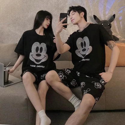 1 Set New Summer Pajamas Short-sleeved Black Flower Gray Mickey Face Cartoon Plaid Pants Thin Loungewear Set for Men and Women