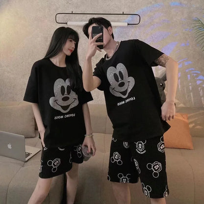 1 Set New Summer Pajamas Short-sleeved Black Flower Gray Mickey Face Cartoon Plaid Pants Thin Loungewear Set for Men and Women