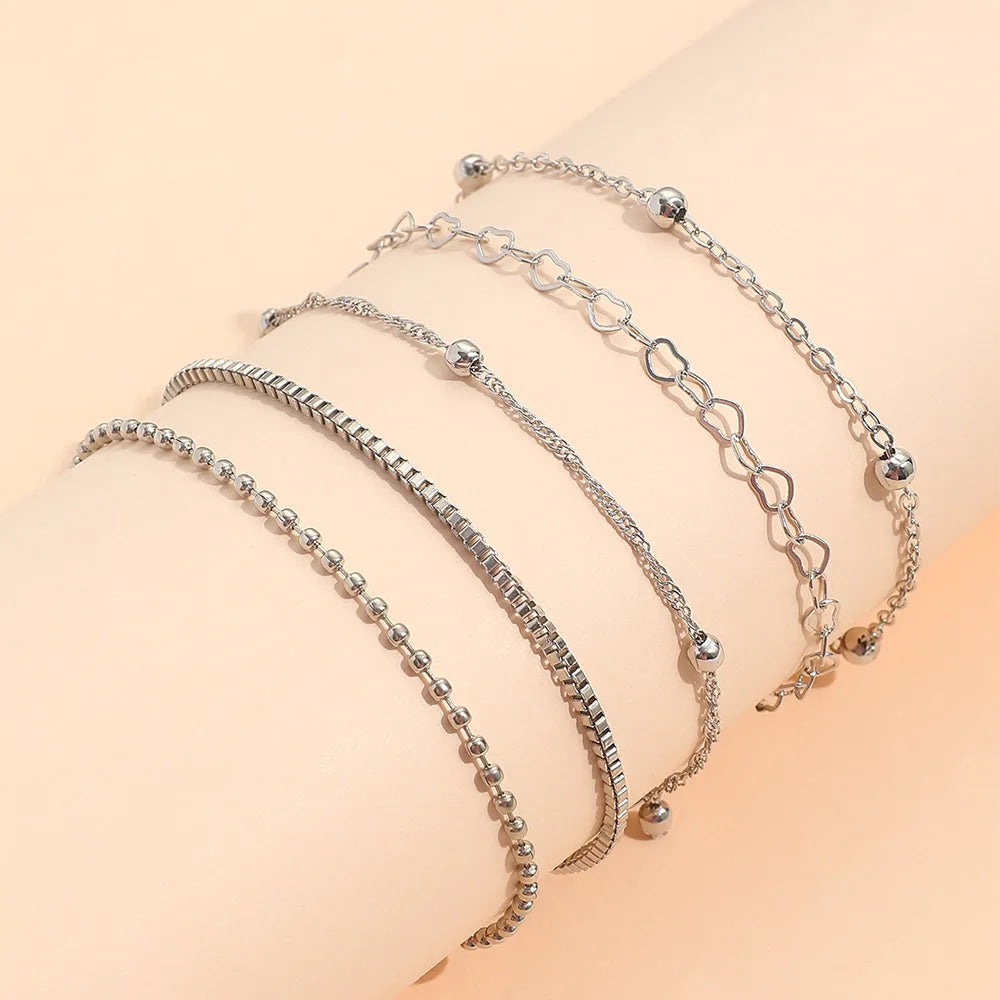 5Pcs/Set Silver Color Multilayer Bracelet Retro Bangle For Women