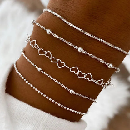 5Pcs/Set Silver Color Multilayer Bracelet Retro Bangle For Women