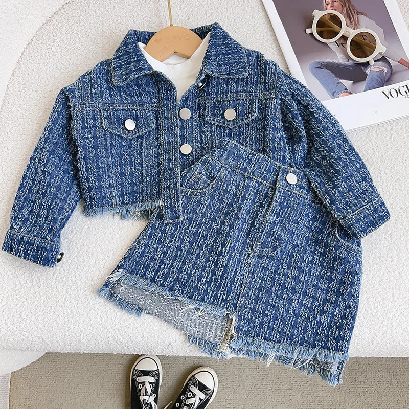 Spring and Autumn  Long-Sleeved Girls' Denim Jacket Short Skirt Two-Piece Set