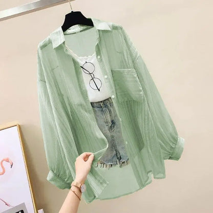 Korean Summer Shirt Thin Chiffon Blouse Loose Top Casual Women's Cardigan