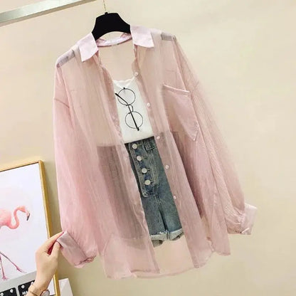 Korean Summer Shirt Thin Chiffon Blouse Loose Top Casual Women's Cardigan