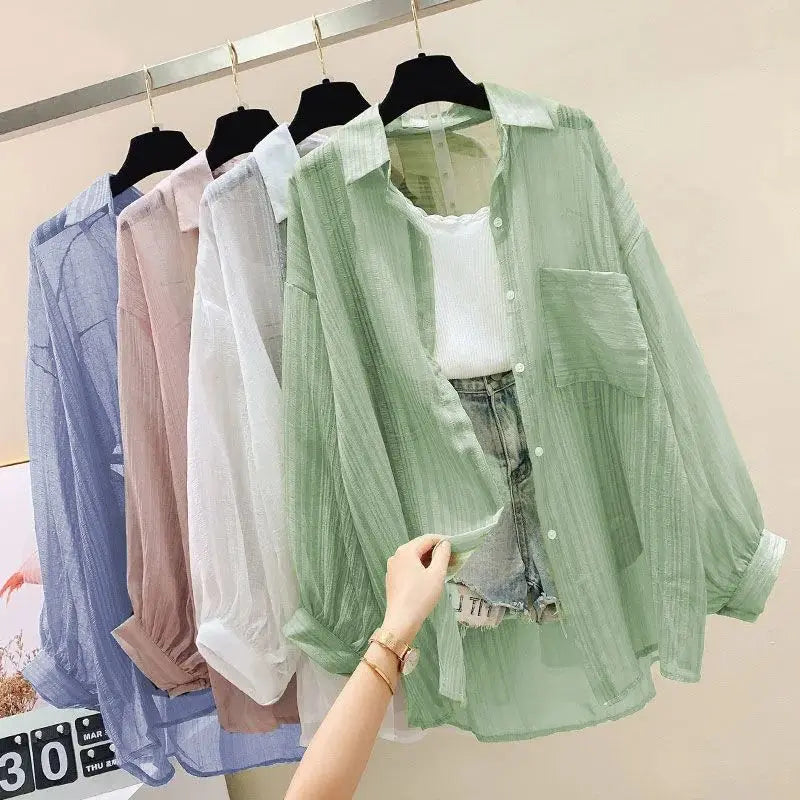 Korean Summer Shirt Thin Chiffon Blouse Loose Top Casual Women's Cardigan