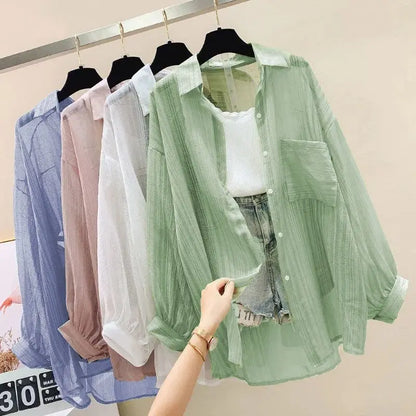 Korean Summer Shirt Thin Chiffon Blouse Loose Top Casual Women's Cardigan