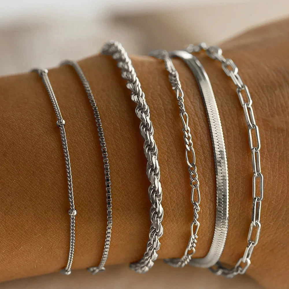 5Pcs/Set Silver Color Multilayer Bracelet Retro Bangle For Women