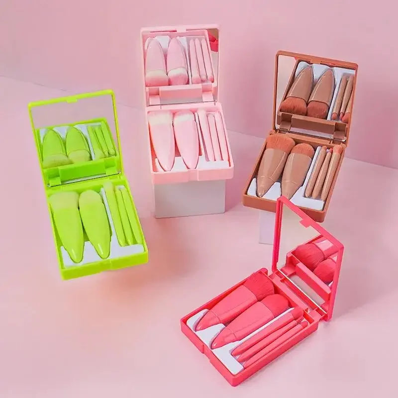 5pcs Travel Size Makeup Brushes Set With Case And Mirror