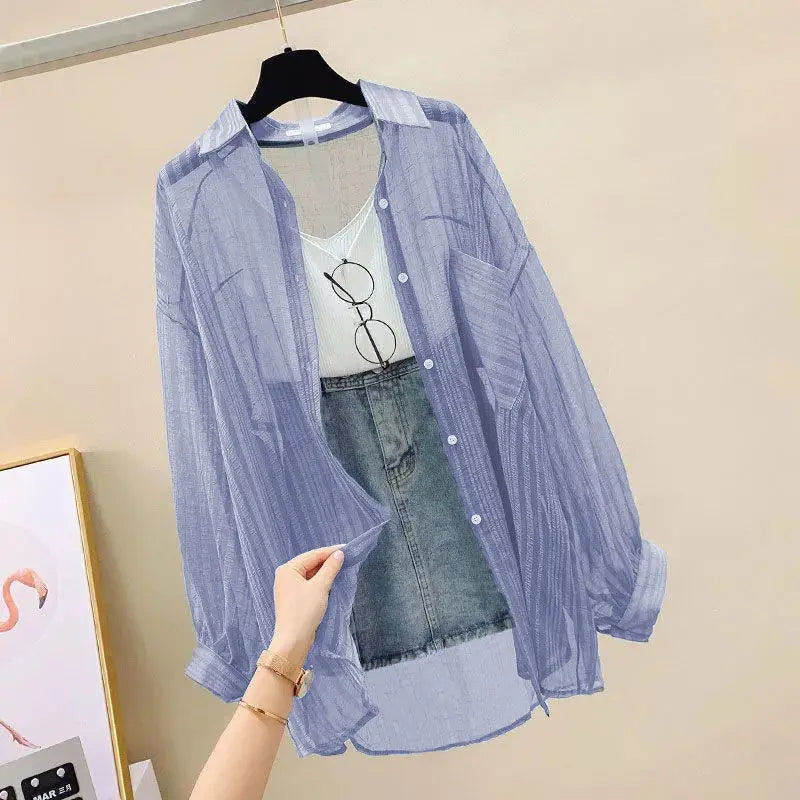 Korean Summer Shirt Thin Chiffon Blouse Loose Top Casual Women's Cardigan