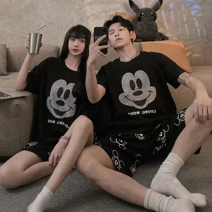 1 Set New Summer Pajamas Short-sleeved Black Flower Gray Mickey Face Cartoon Plaid Pants Thin Loungewear Set for Men and Women