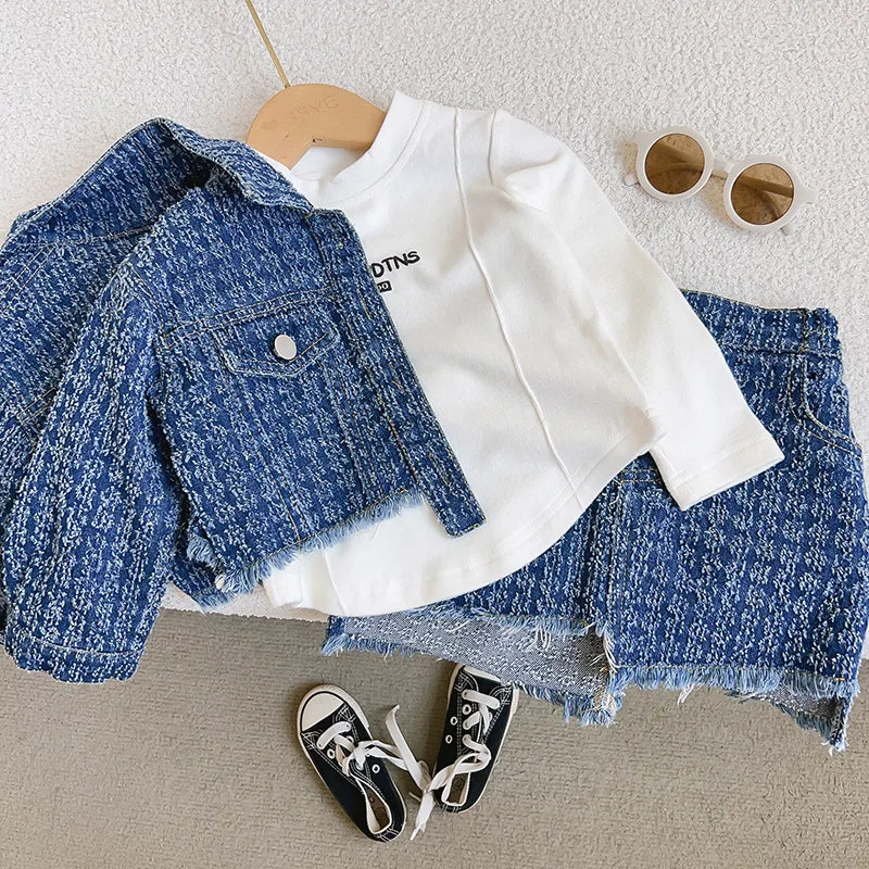 Spring and Autumn  Long-Sleeved Girls' Denim Jacket Short Skirt Two-Piece Set