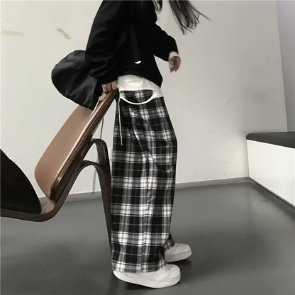 Oversize Women Sweatpants Fashion Black Plaid Casual Pants Baggy Elastic Waist Pockets Student Unisex Hip Hop Loose Trousers