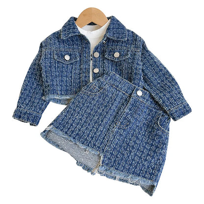 Spring and Autumn  Long-Sleeved Girls' Denim Jacket Short Skirt Two-Piece Set