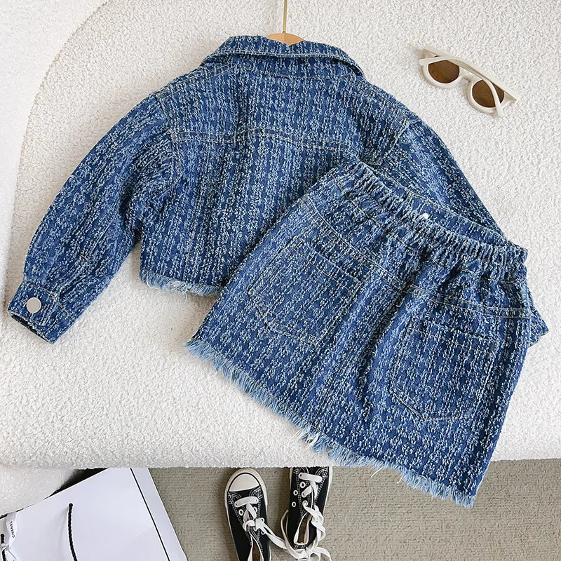 Spring and Autumn  Long-Sleeved Girls' Denim Jacket Short Skirt Two-Piece Set