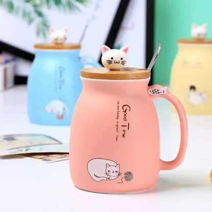 Cat shape ceramic coffee Cup / Mug  Lid and Spoon Couple