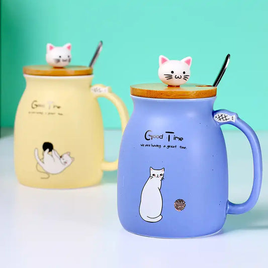 Cat shape ceramic coffee Cup / Mug  Lid and Spoon Couple