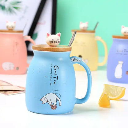 Cat shape ceramic coffee Cup / Mug  Lid and Spoon Couple