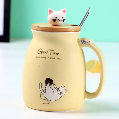 Cat shape ceramic coffee Cup / Mug  Lid and Spoon Couple