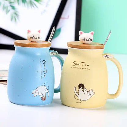 Cat shape ceramic coffee Cup / Mug  Lid and Spoon Couple