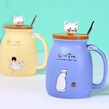 Cat shape ceramic coffee Cup / Mug  Lid and Spoon Couple